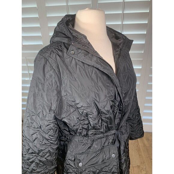 Avec Les Filles Black Anorak Quilted Star Parka Coat Large Hooded Cinched Winter - Picture 10 of 12